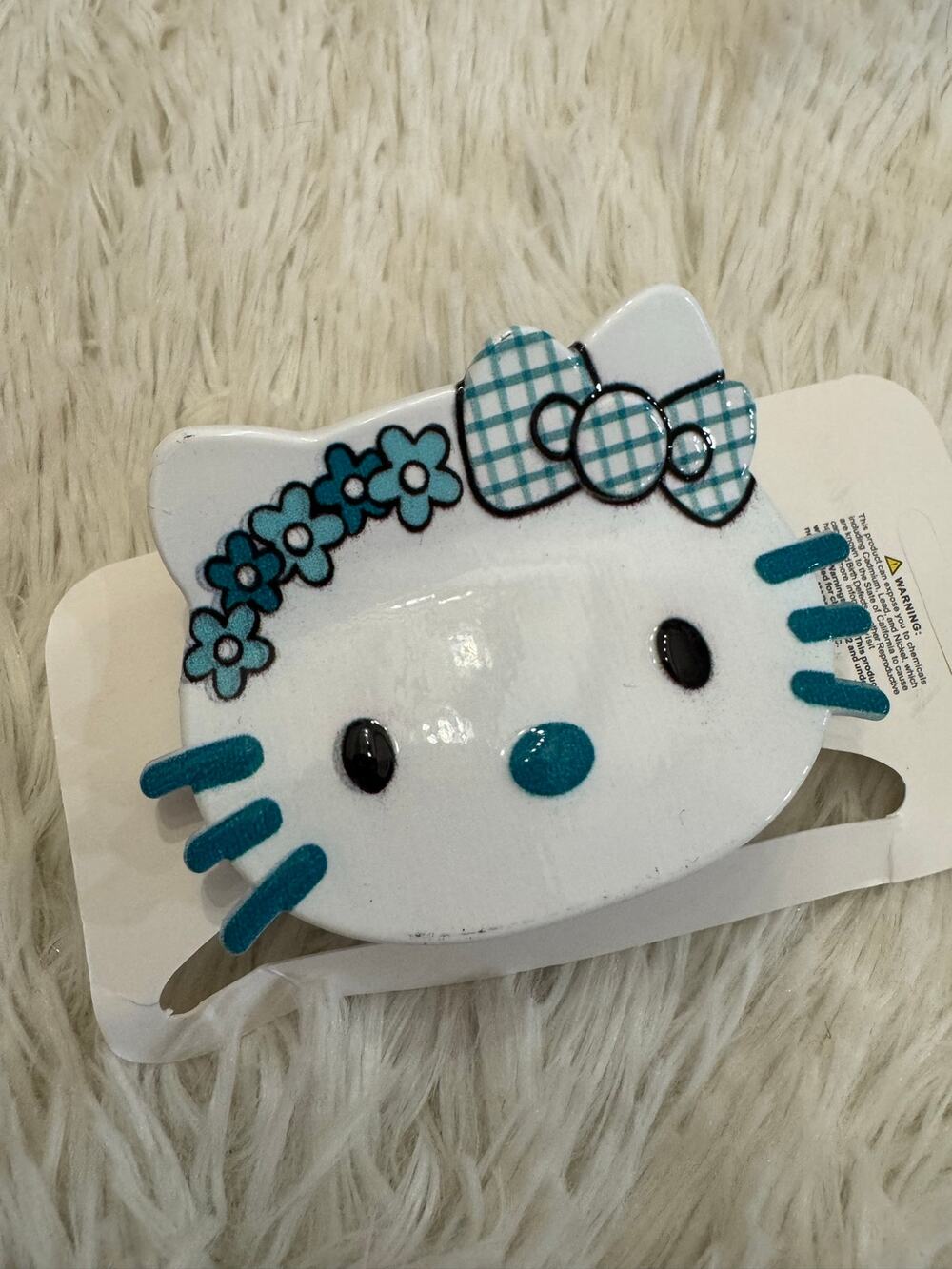 Hello Kitty Sanrio large hair clip claw blue flowers details and checkered bow